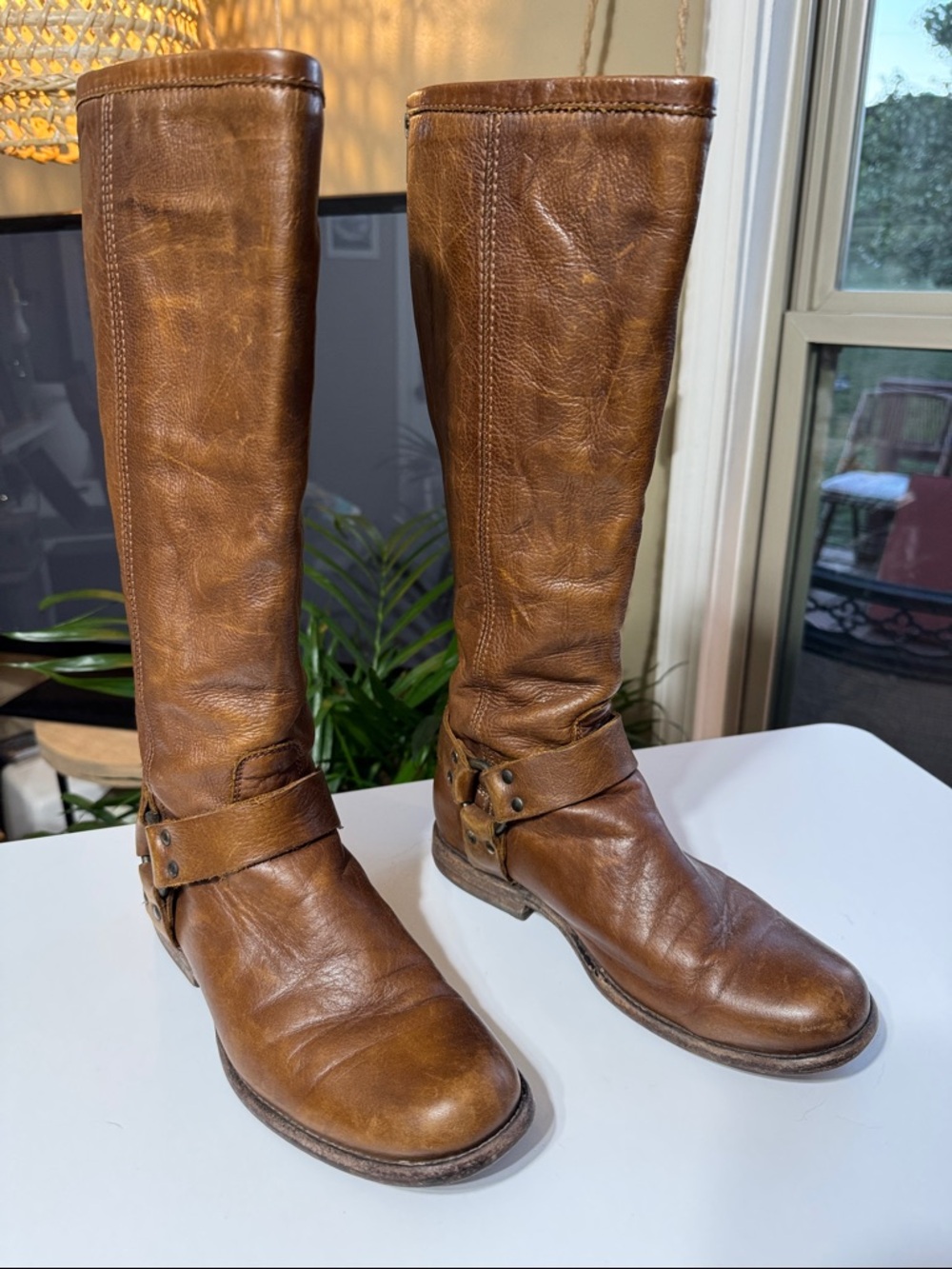 Frye Brown Leather Harness Knee-High Boots Zipper Backs